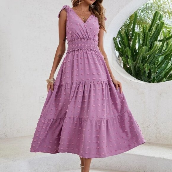 Boho Purple Swiss Dot Tie Shoulder V Neck Shirred Waist Dress - Picture 7 of 7